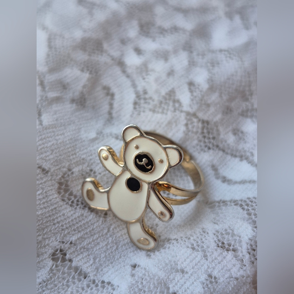 Gold and Cream Teddy Bear Adjustable Ring